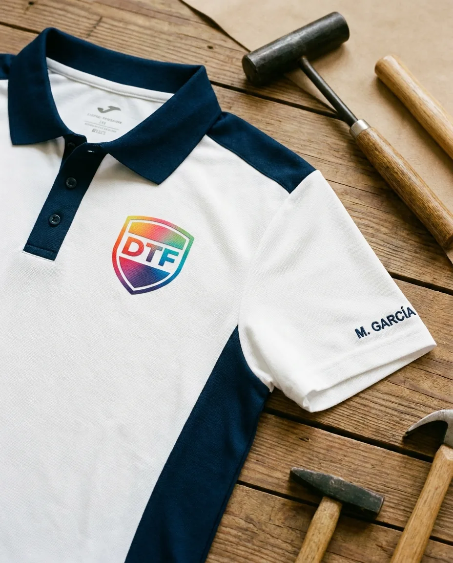 Polo de pádel con escudo club DTF en pecho izquierdo y comparativa con bordado en manga