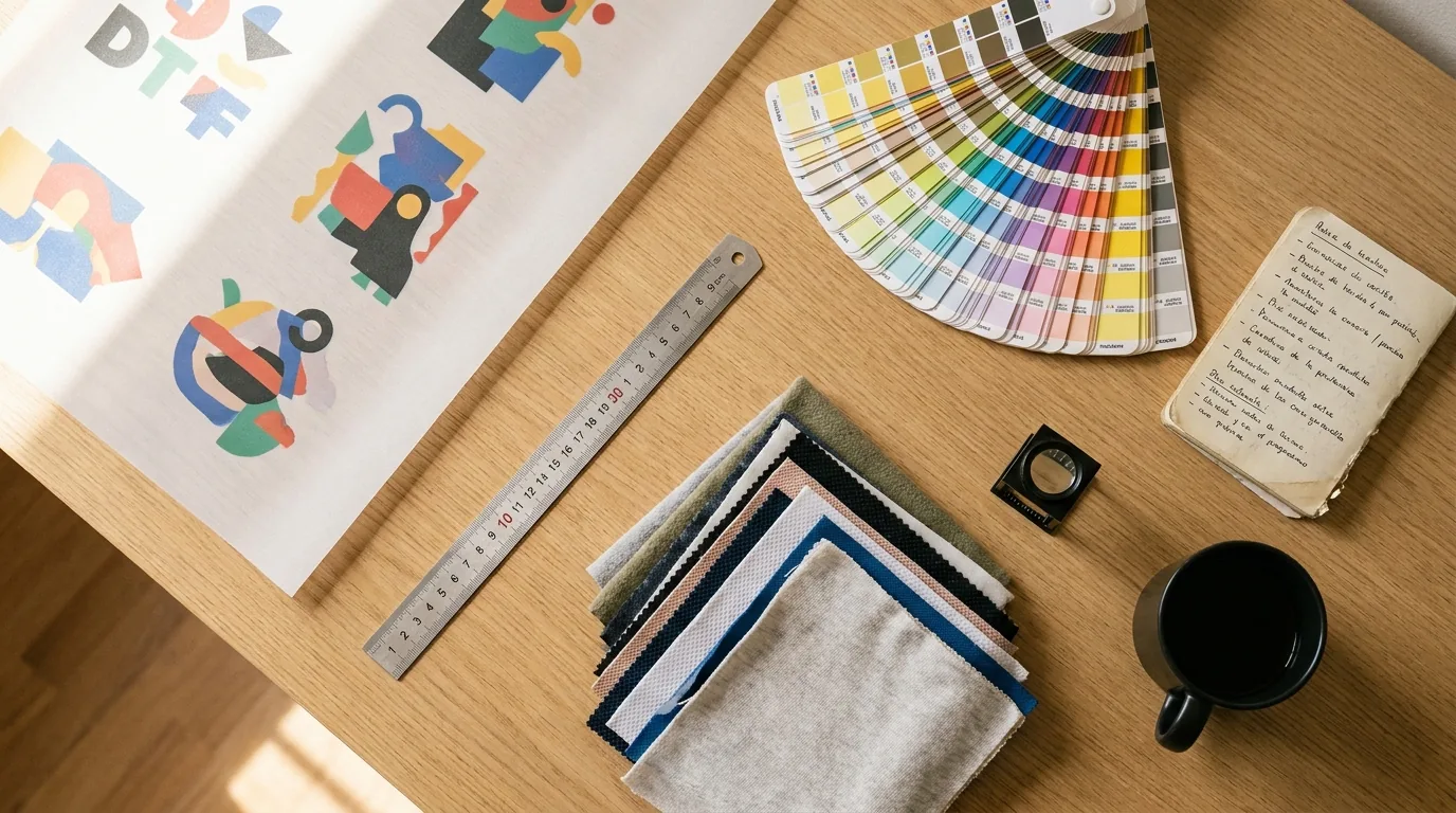 Escritorio editorial profesional con muestras DTF, regla técnica de 30 cm, paleta de colores Pantone abierta y film PET impreso, glosario DTF impressionante