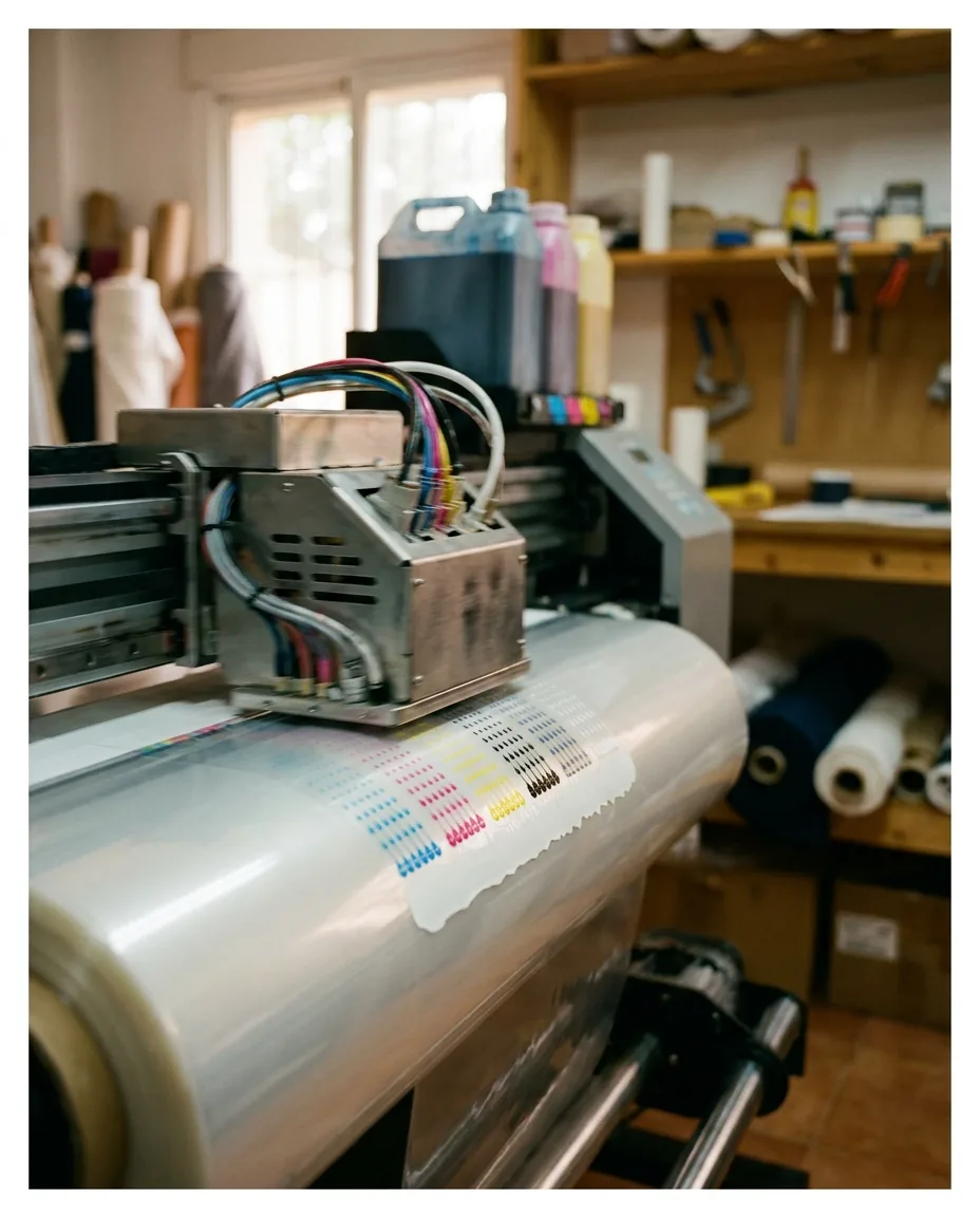Primer plano técnico de los cabezales de impresora DTF expulsando tintas CMYK más blanco sobre film PET en taller textil