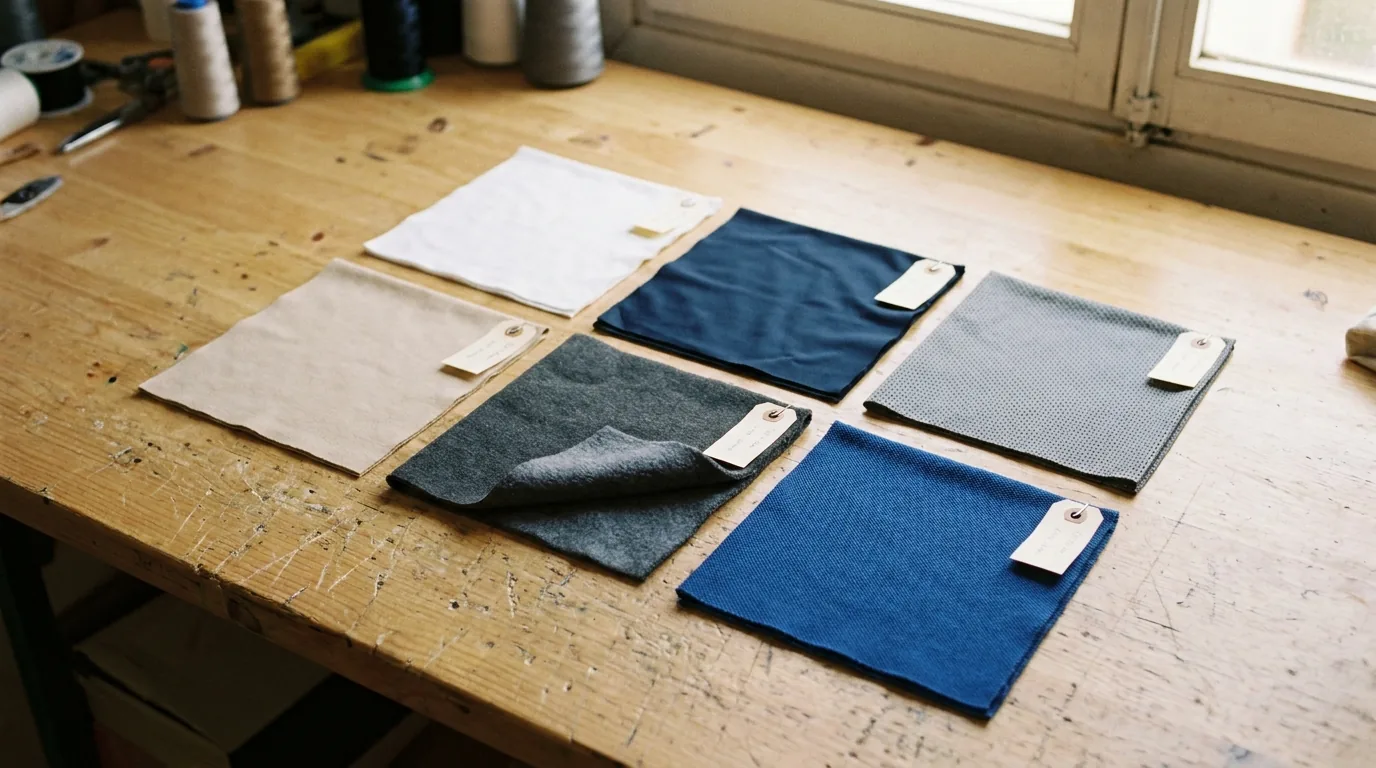 Seis muestras de tejidos textiles diferenciados (algodón, poliéster, técnico drytec, mezcla 50/50, fleece, piqué) etiquetados sobre mesa de taller para personalización DTF
