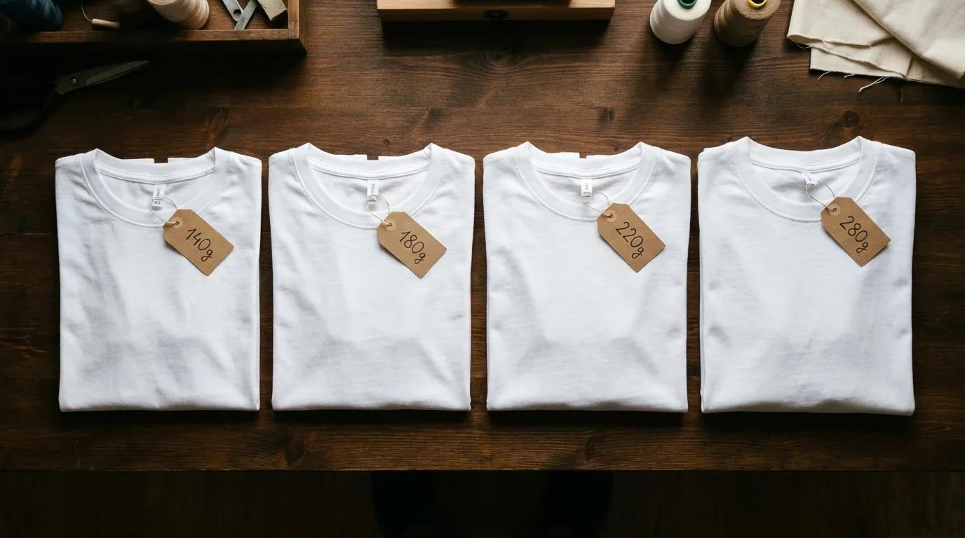 Flatlay editorial de cuatro camisetas del mismo color en gramajes 140g, 180g, 220g y 280g etiquetadas con su peso