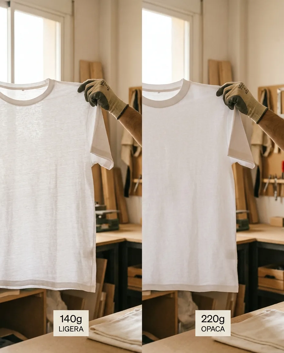 Manos sosteniendo camiseta a contraluz mostrando la diferencia de opacidad entre 140g translúcida y 220g opaca