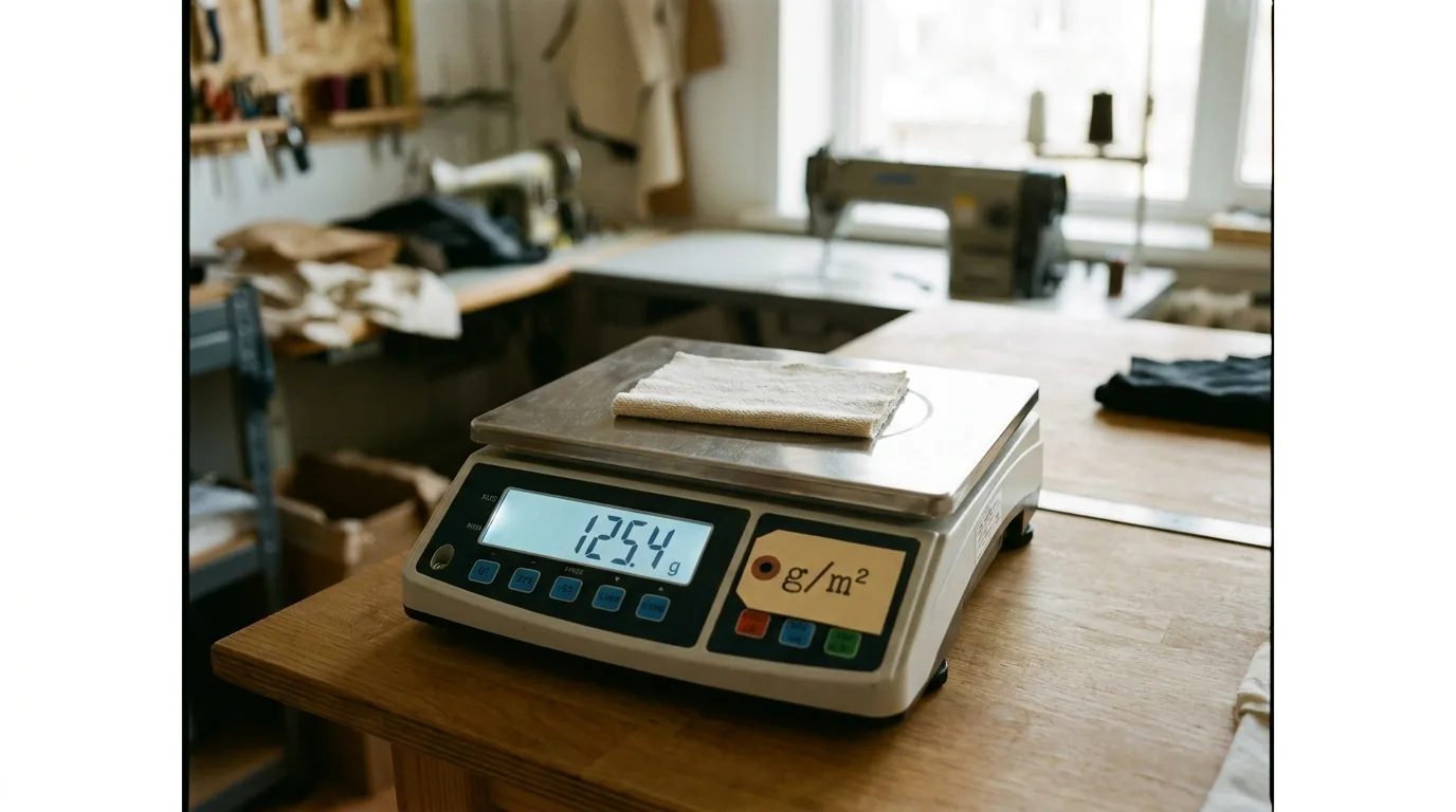 Báscula de precisión textil con camiseta encima y etiqueta de gramaje en ambiente de taller de personalización