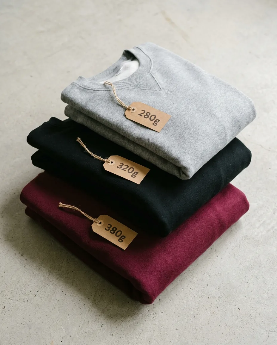 Flatlay de tres sudaderas apiladas en gramajes 280g, 320g y 380g con etiquetas artesanales de peso