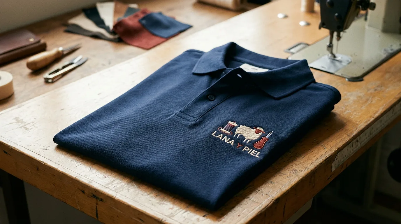 Marcaje de camiseta con logo corporativo: bordado en pecho izquierdo sobre polo piqué azul marino