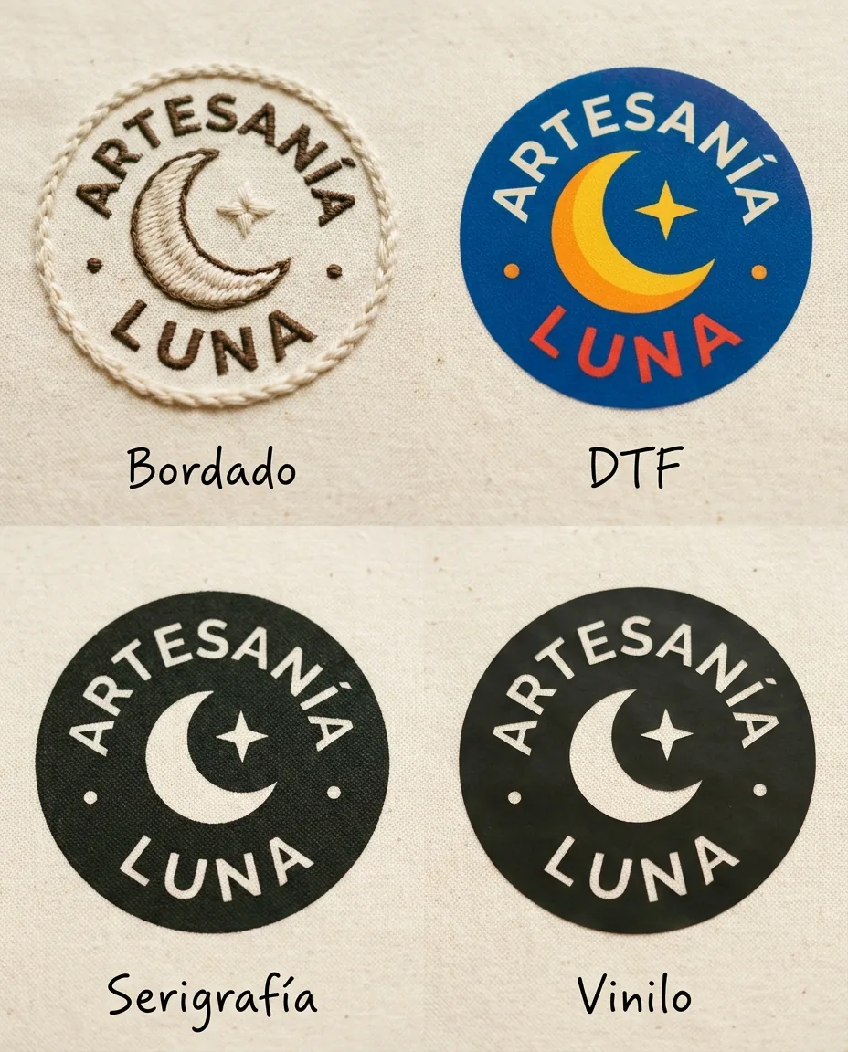 Marcaje de camisetas con logo: técnicas, precios y cuándo elegir cada una (guía 2026) 2 Comparativa de 4 técnicas de marcaje de logo en camiseta: bordado, DTF, serigrafía y vinilo lado a lado