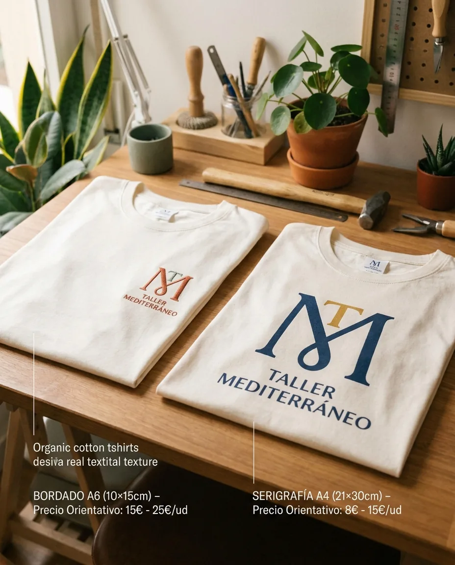 Marcaje de camisetas con logo: técnicas, precios y cuándo elegir cada una (guía 2026) 3 Tabla visual de precios de marcaje de logo en camiseta: tamaño A6 vs A4 por técnica