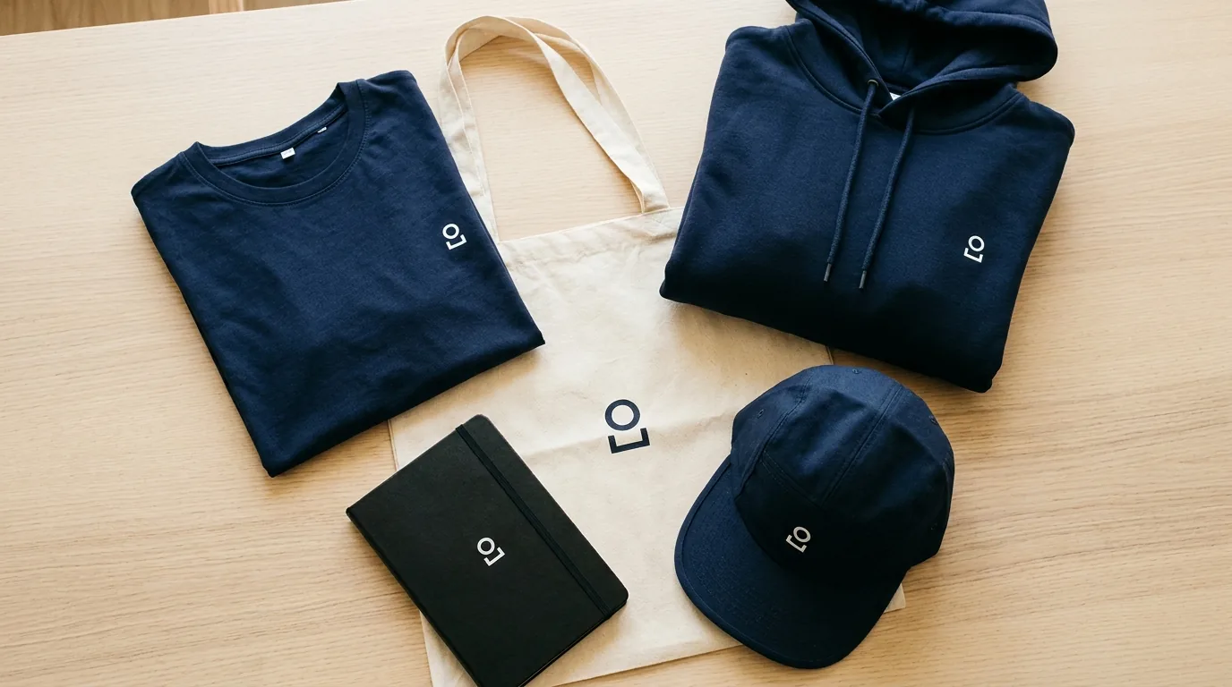 Flatlay de welcome pack corporativo completo con camiseta, sudadera, tote bag, cuaderno y gorra en colores corporativos coordinados