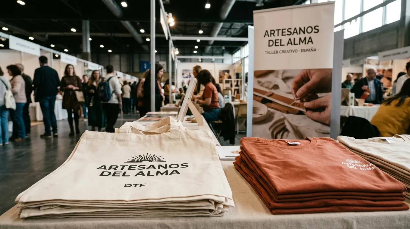 Stand de feria con tote bags apilados personalizados y camisetas de staff corporativas en expositor