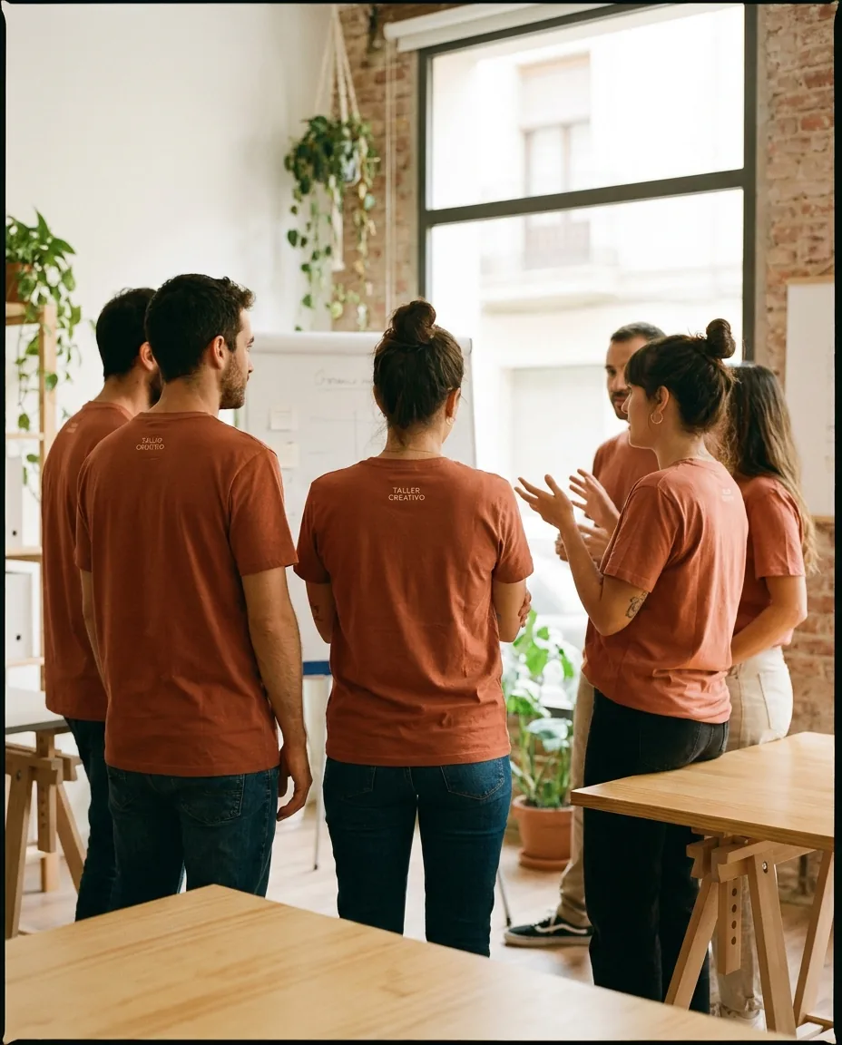 Escena de welcome day con empleados nuevos en camisetas corporativas, sin caras visibles