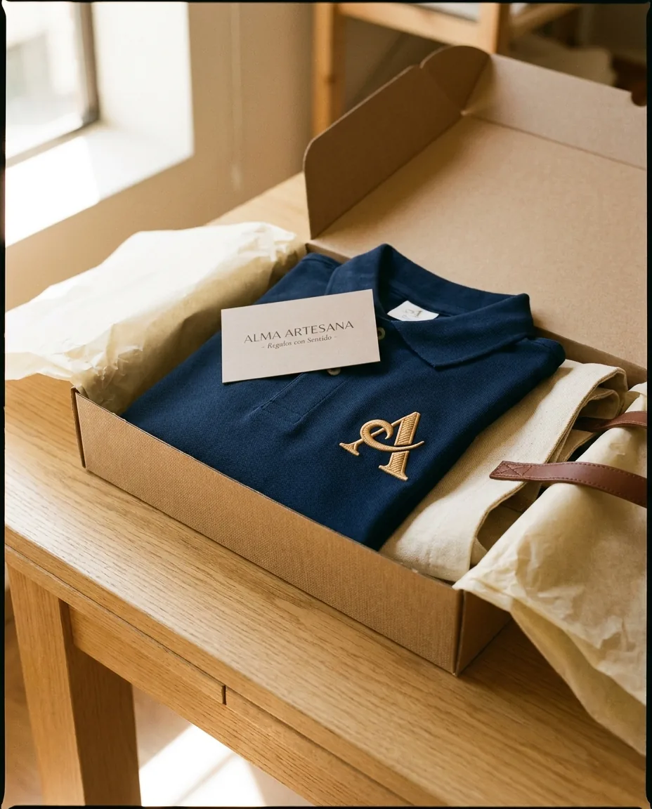 Pack regalo cliente VIP en caja con polo bordado, tarjeta corporativa y tote bag algodón orgánico