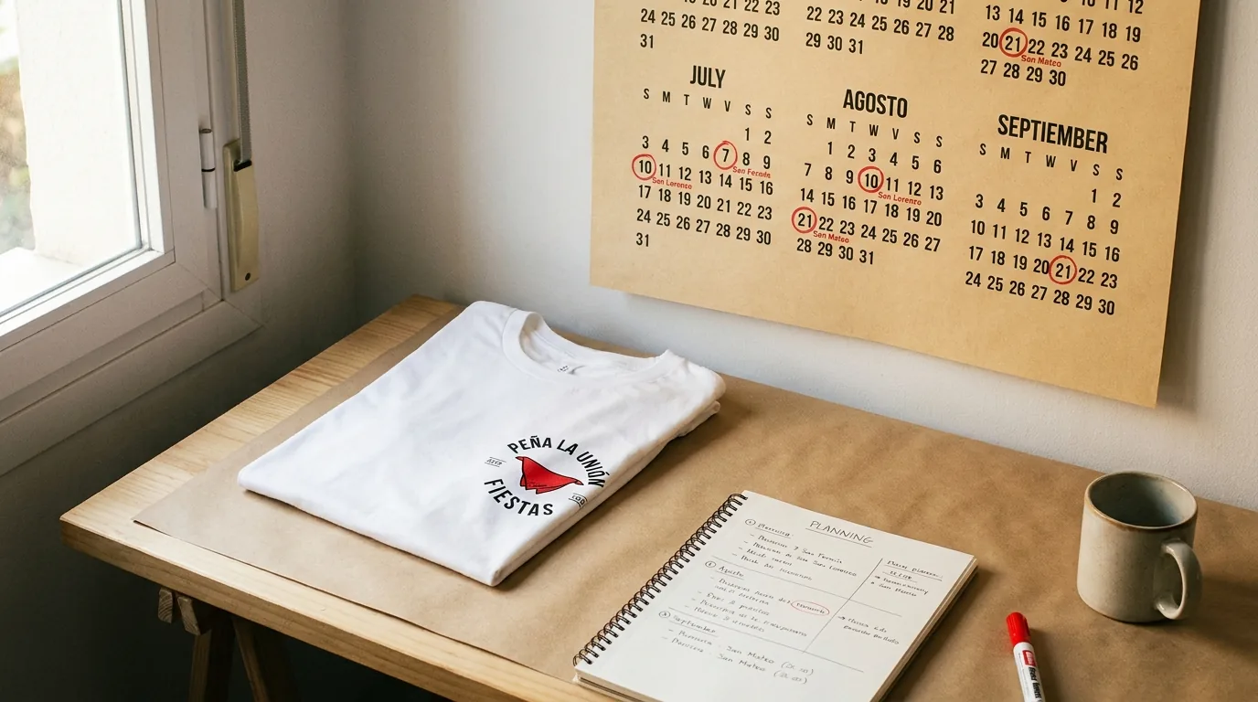 Calendario de pared con anotaciones a mano junto a camiseta de peña sobre escritorio de taller