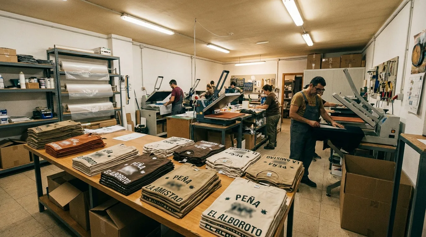 Taller de personalización textil en plena producción con varios pedidos de peñas en mesa de trabajo
