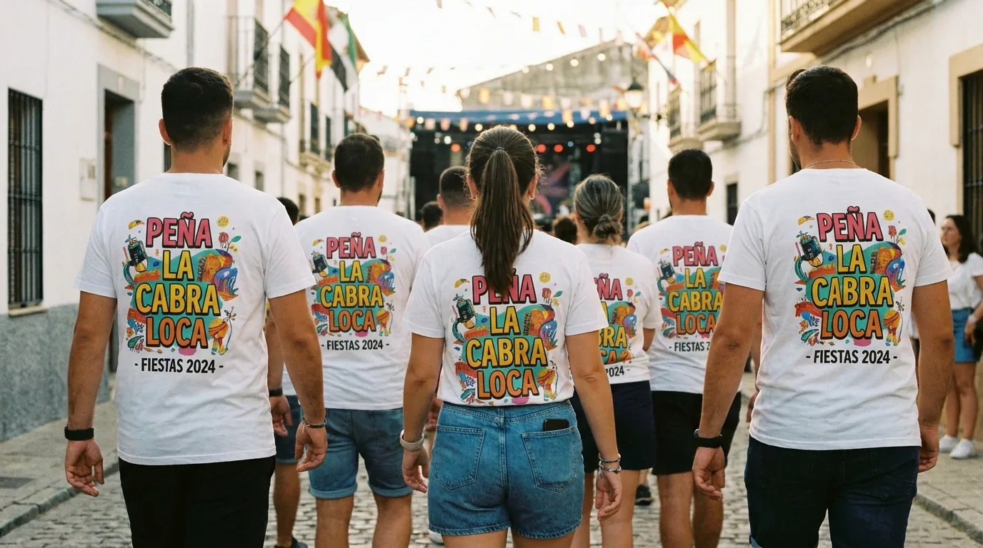 Peña de fiestas patronales con camisetas DTF personalizadas en calle de pueblo extremeño
