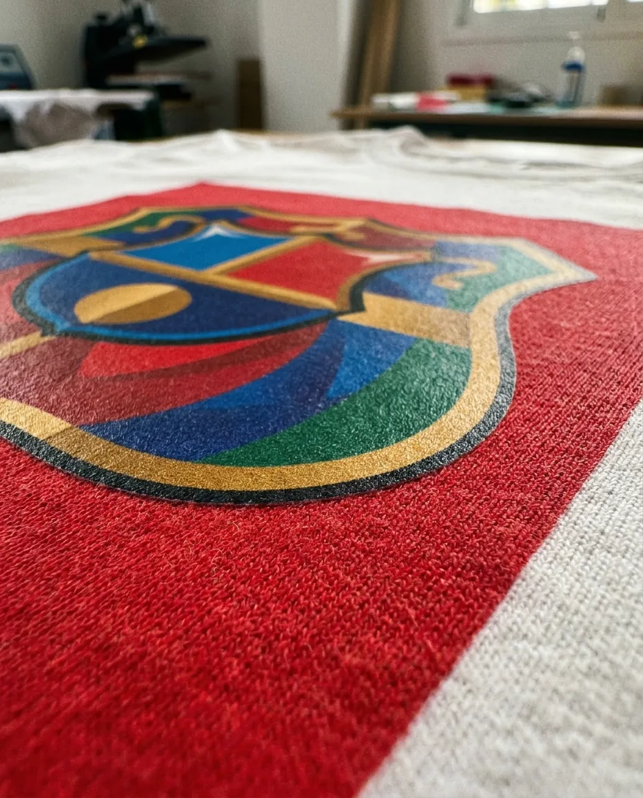 Detalle macro de transfer DTF aplicado en camiseta de peña con diseño multicolor y bordes limpios
