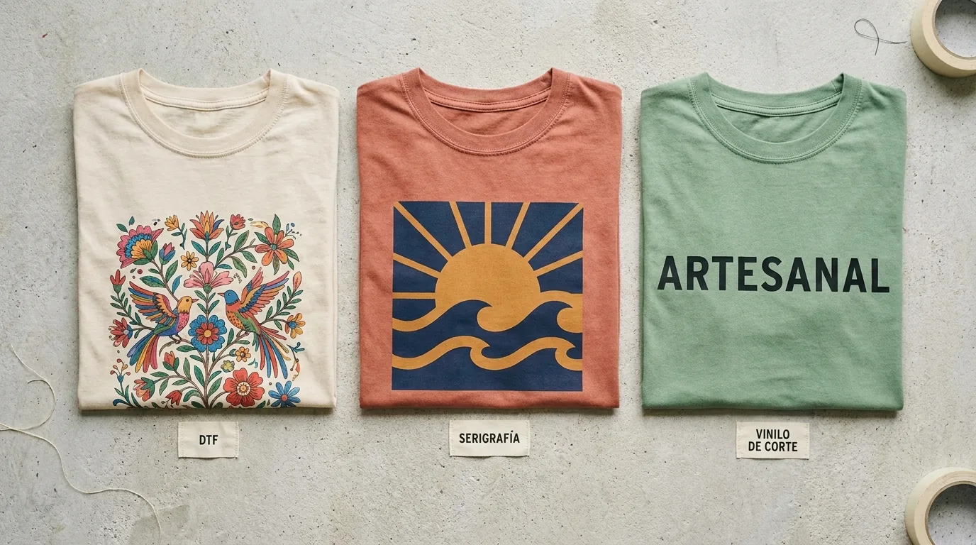 Comparativa de tres camisetas de peña con técnicas DTF, serigrafía y vinilo en flatlay editorial