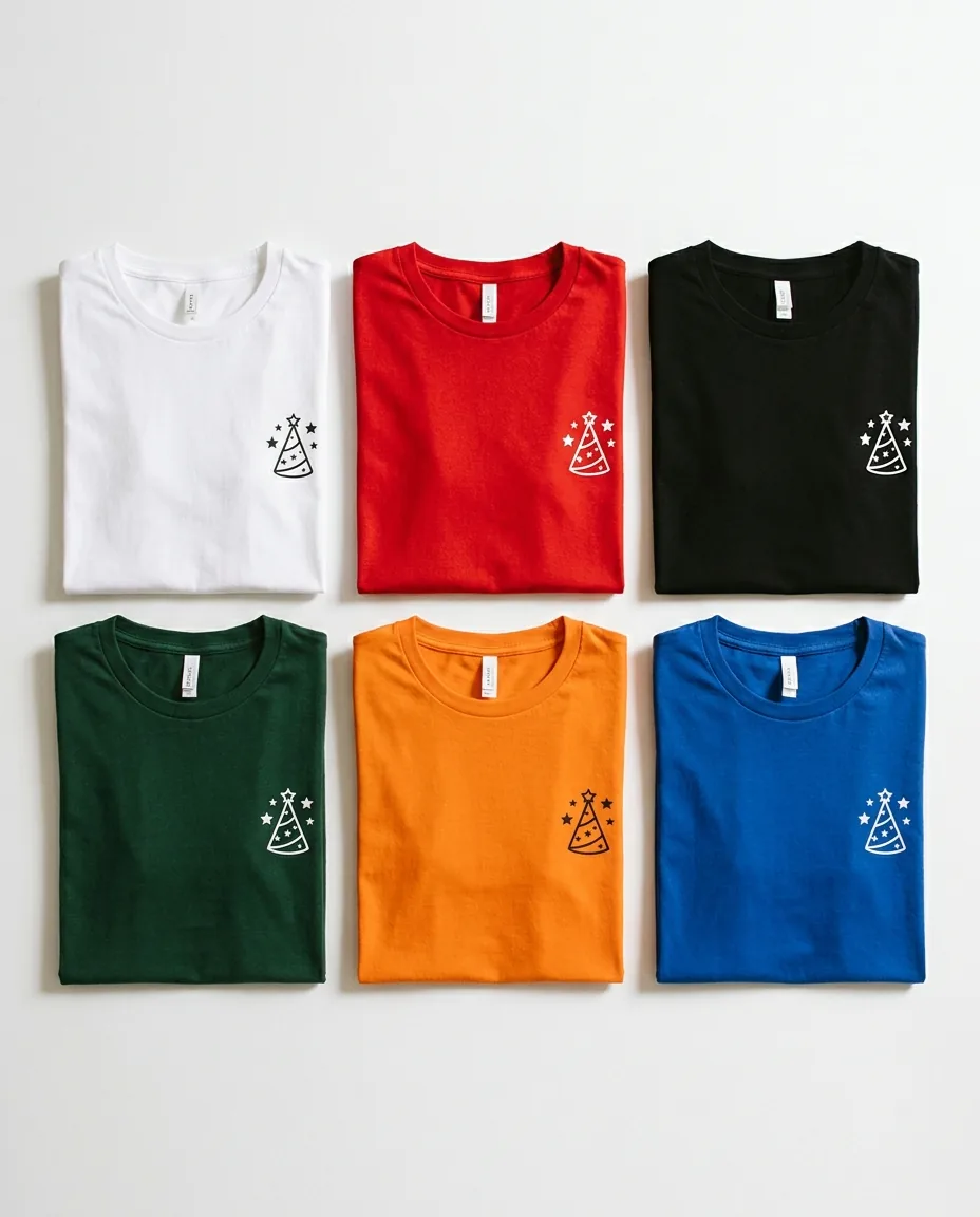 Flatlay de seis camisetas de peña en colores blanco, rojo, negro, verde botella, naranja y azul royal