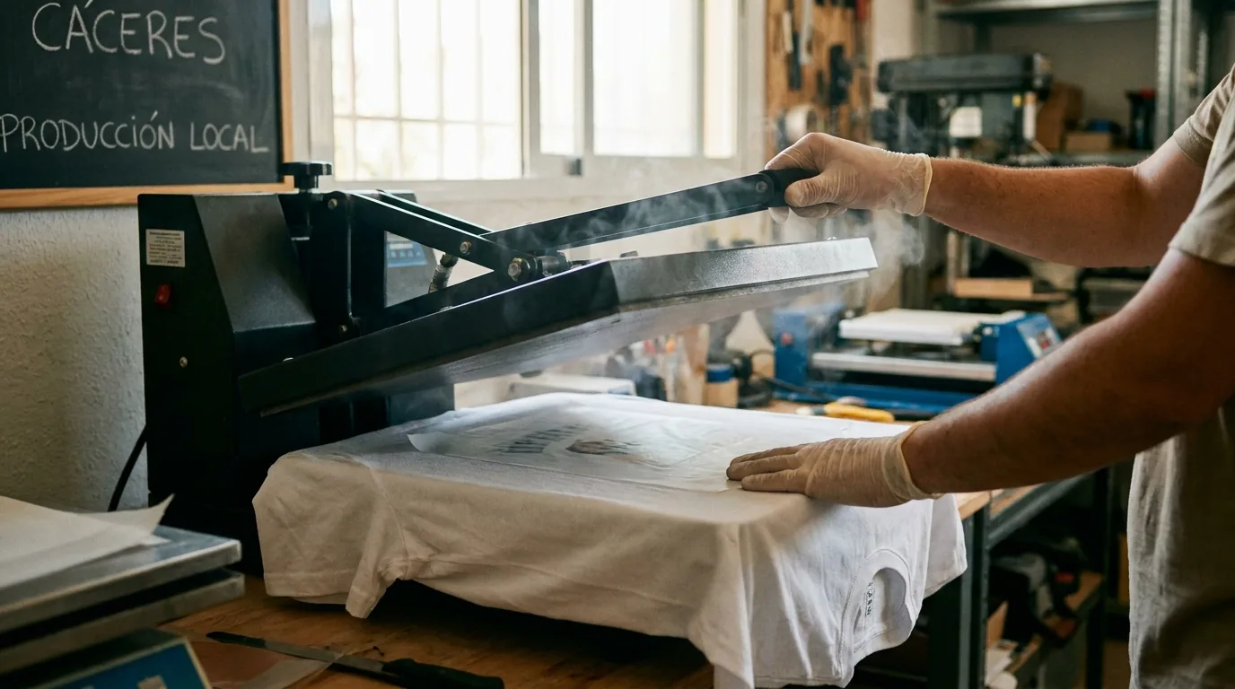 Manos de operario prensando transfer DTF sobre camiseta de peña en taller de Cáceres