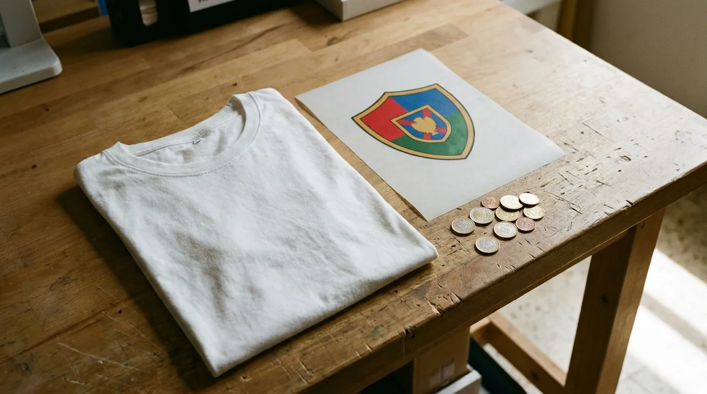 Mesa de taller con camiseta blanca, transfer DTF y monedas representando el coste por unidad