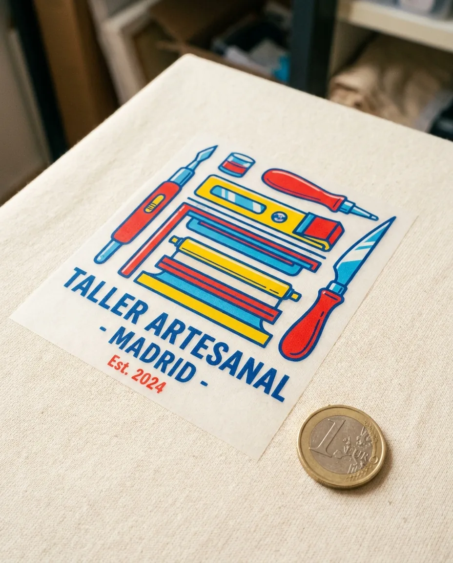 Primer plano de transfer DTF aplicado sobre camiseta junto a una moneda de 1 euro para escala de tamaño