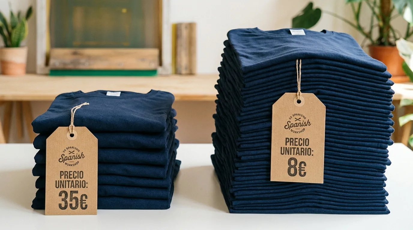 Comparativa visual de 10 camisetas apiladas vs 100 camisetas apiladas con etiqueta de precio orientativo por unidad