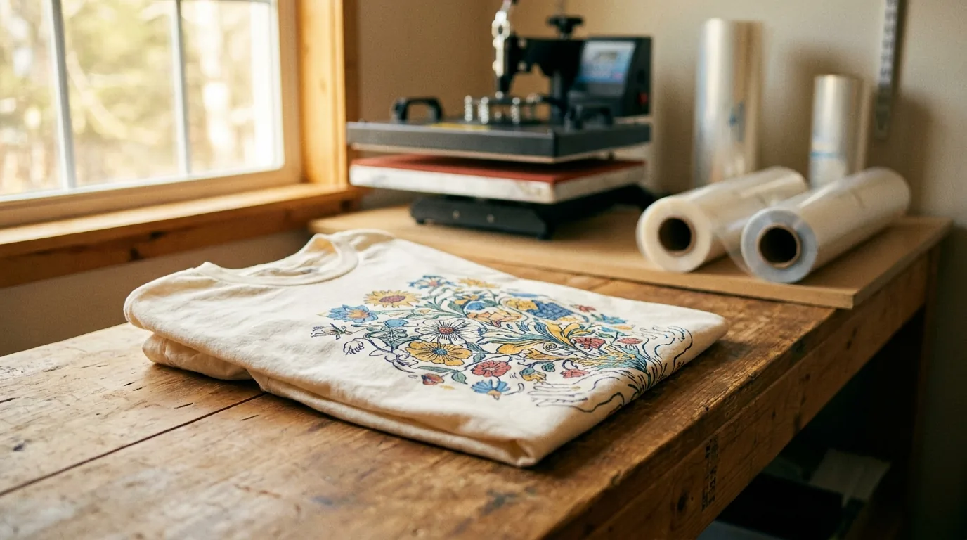Camiseta blanca con estampado DTF multicolor sobre mesa de madera en taller de personalización textil Impressionante Cáceres