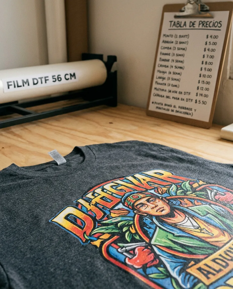 Personalización de camisetas: precios, técnicas y plazos reales 2026 2 Detalle macro de estampado DTF en camiseta negra con diseño multicolor visible en taller Impressionante