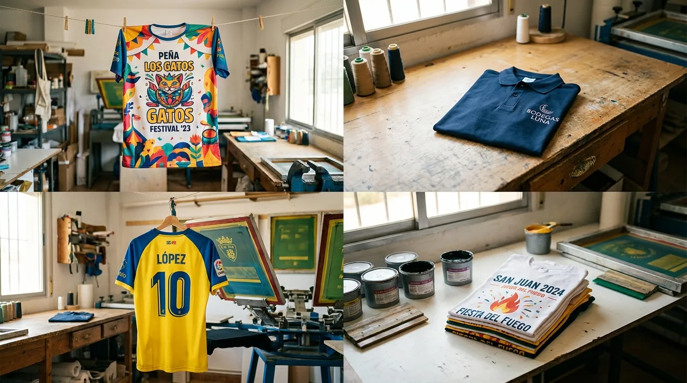 Personalización de camisetas: precios, técnicas y plazos reales 2026 4 Collage de usos de camisetas personalizadas: peñas, empresa, deporte y eventos en taller Impressionante