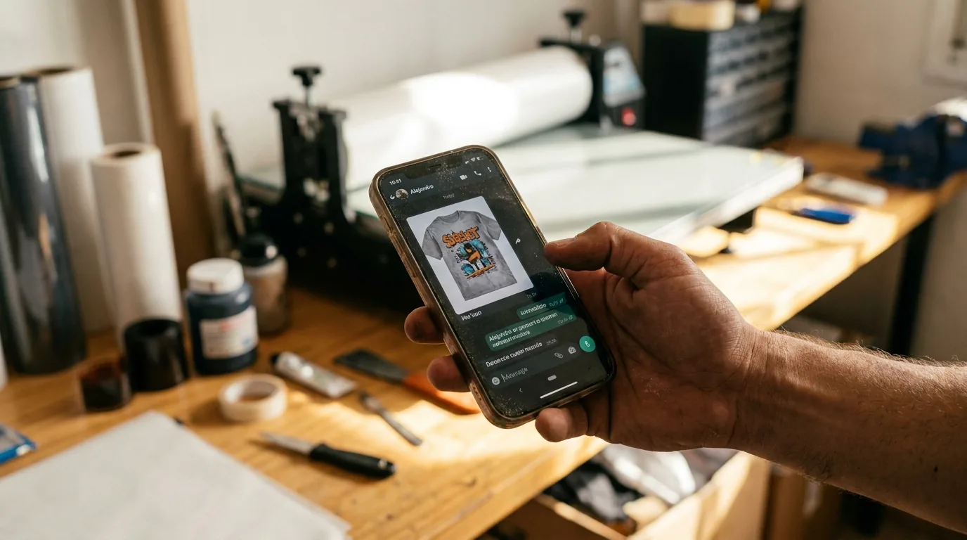 Teléfono móvil mostrando chat de WhatsApp con Alejandro y mockup de camiseta personalizada en pantalla