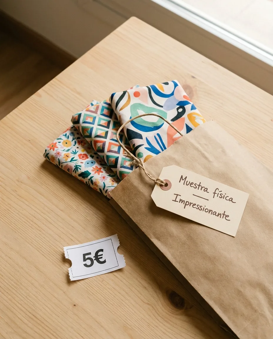 Mesa de taller con tres muestras físicas de camiseta personalizada en bolsa kraft con etiqueta Impressionante