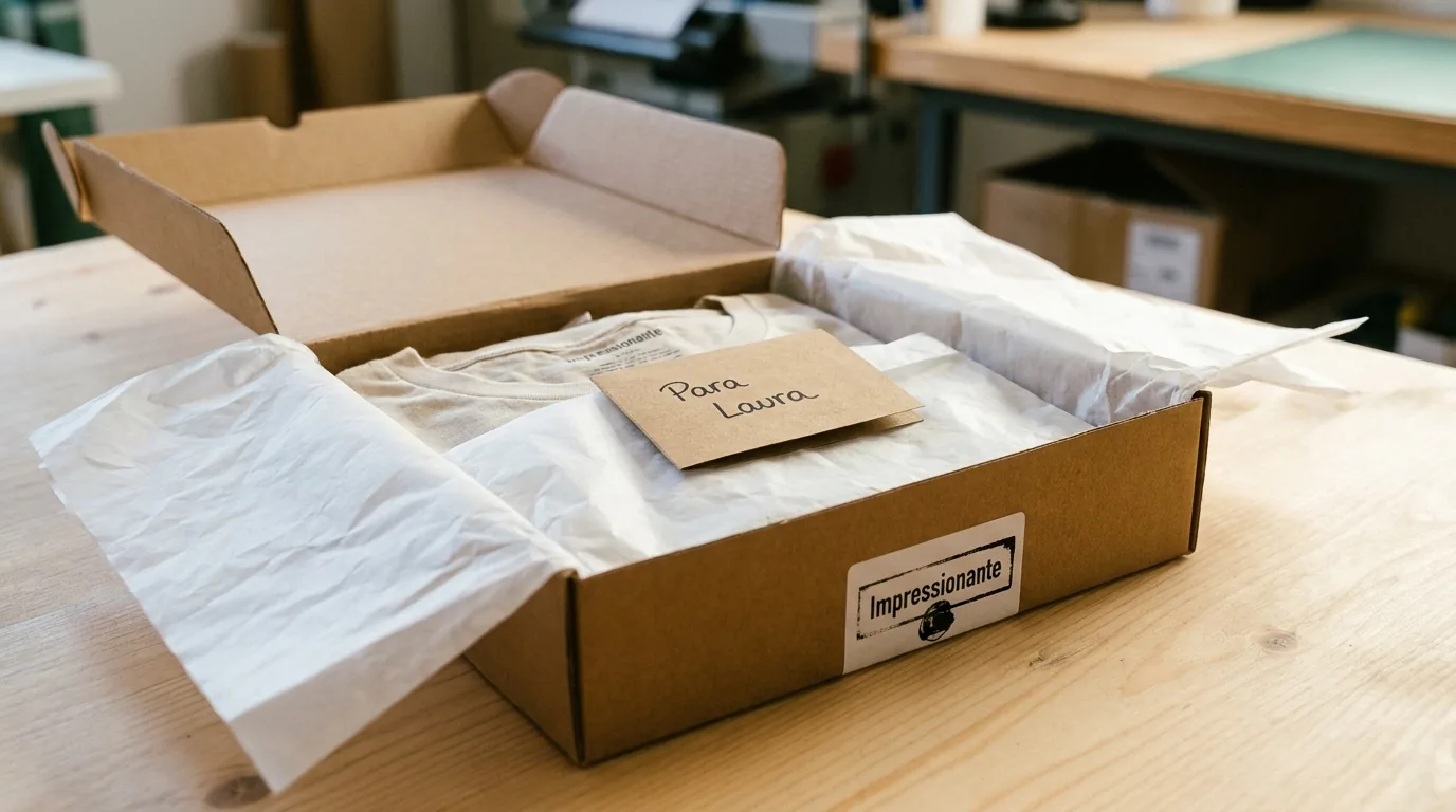 Packaging final de camisetas personalizadas con etiqueta personal y tarjeta firmada por el taller