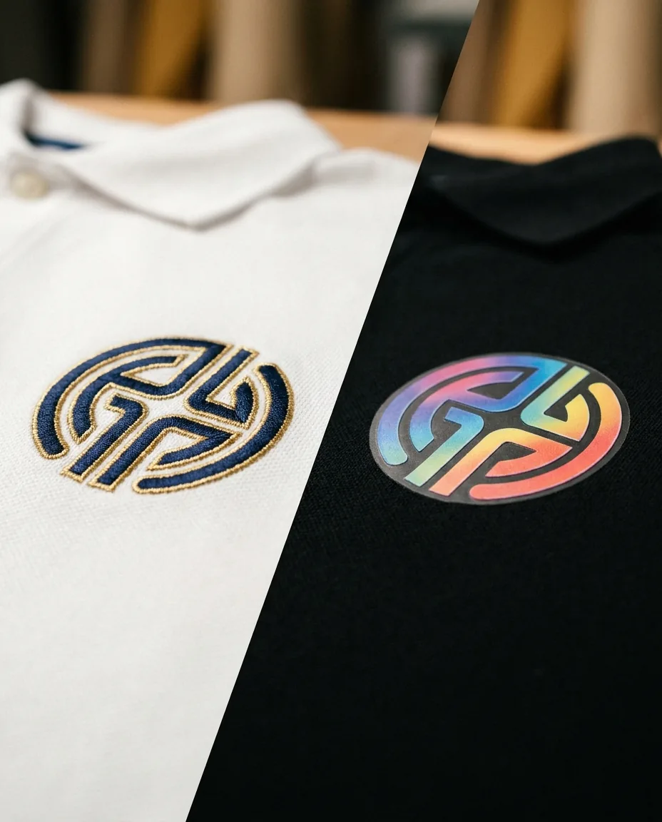 Comparativa bordado vs DTF en el mismo polo corporativo Comparativa macro del mismo logo aplicado con bordado sobre polo blanco y con DTF sobre polo negro