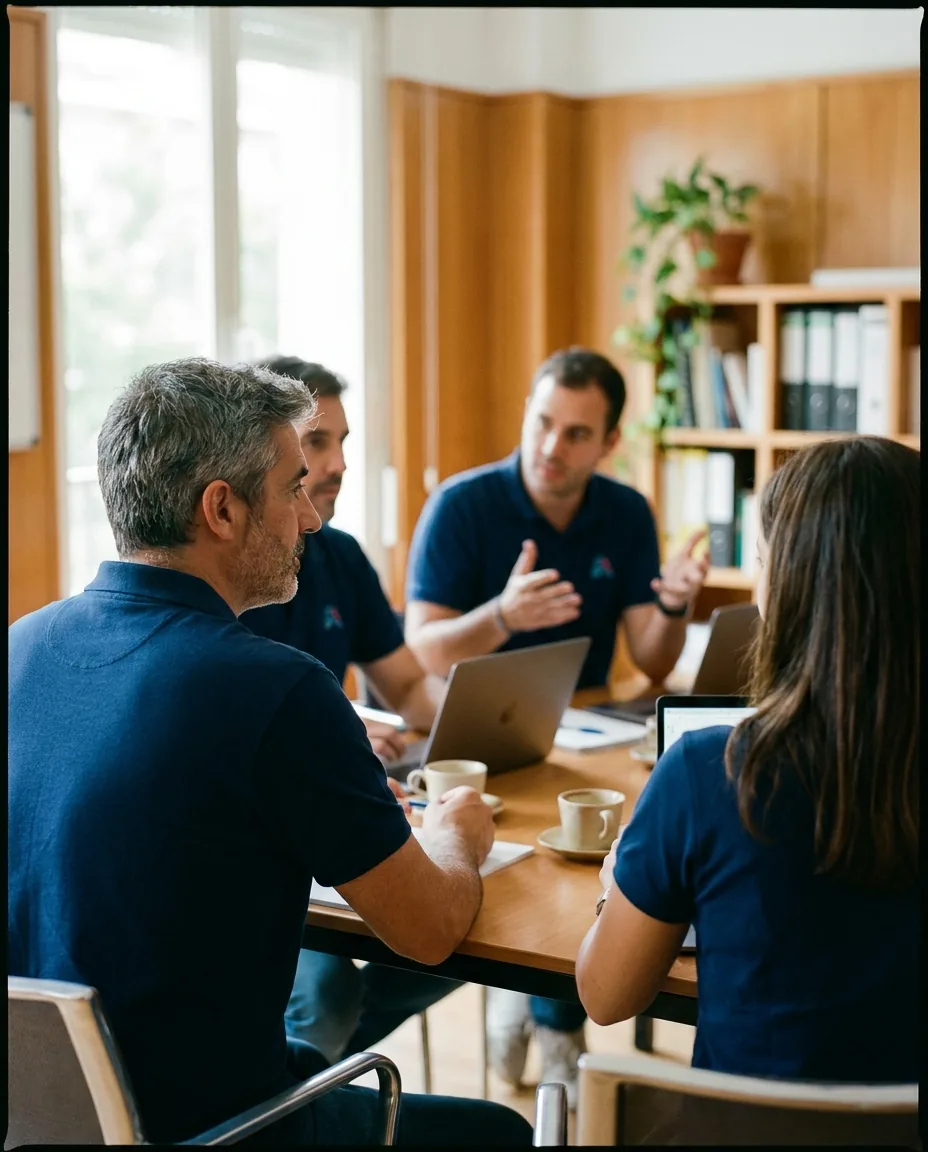 Equipo real con polos corporativos coordinados — caso B2B Equipo de cuatro profesionales españoles con polos corporativos coordinados en un entorno de oficina o despacho
