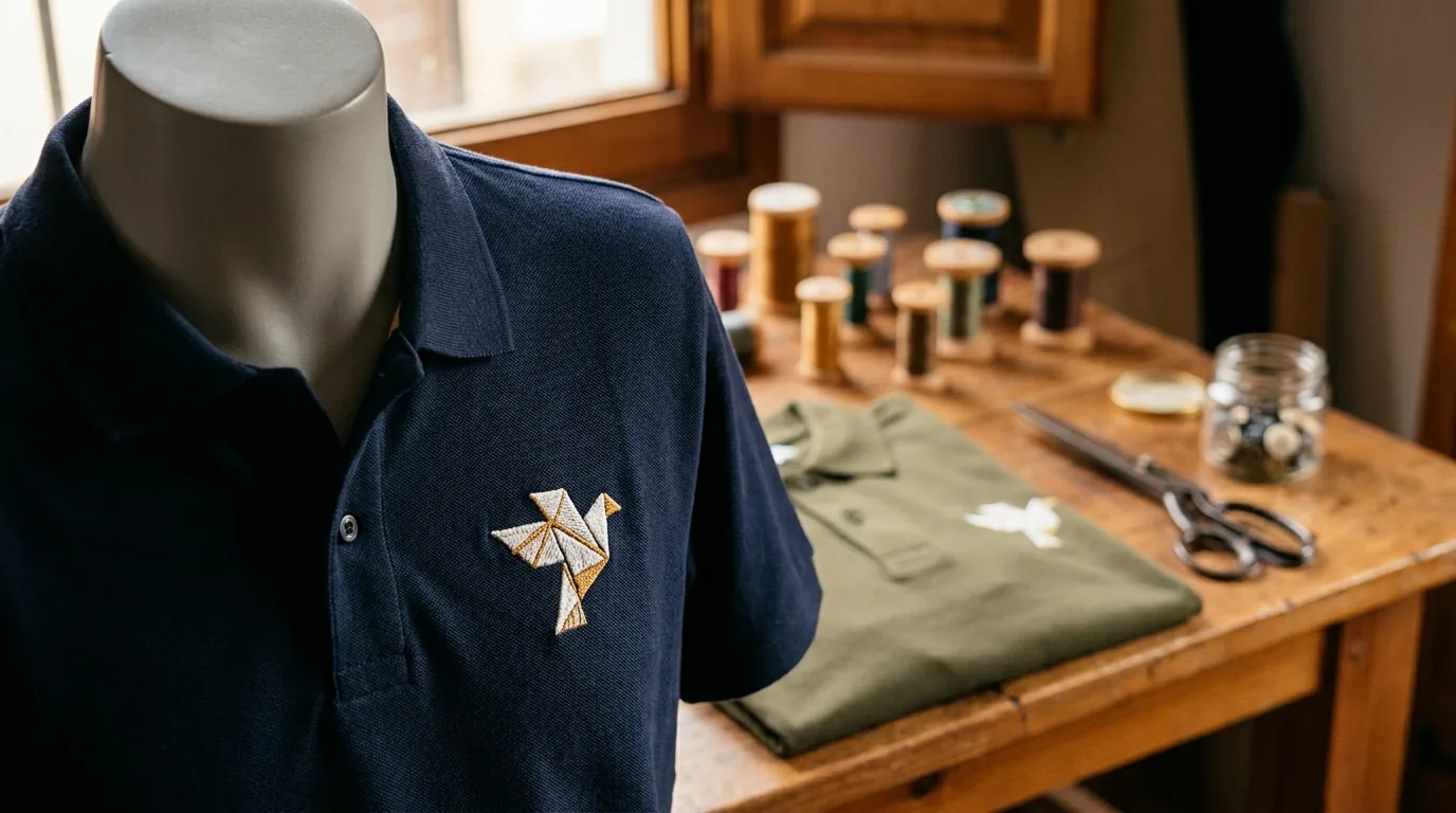 Polo piqué azul marino con pequeño logo bordado discreto en pecho izquierdo, sobre maniquí en taller de personalización en Cáceres