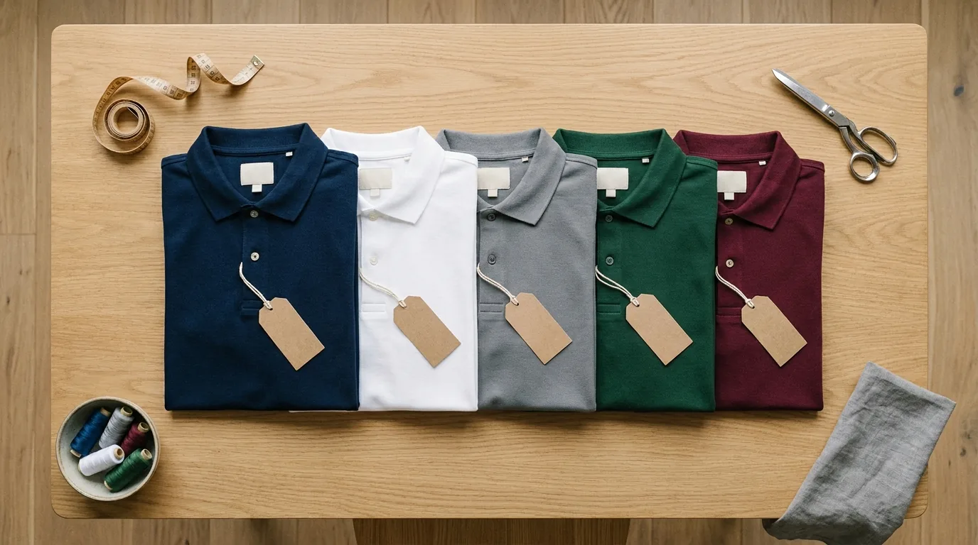 Referencia visual de marcas de polo corporativo — bodegón flat-lay Bodegón cenital de cinco polos de marcas distintas en colores corporativos (azul marino, blanco, gris, verde, burdeos) con etiquetas colgando