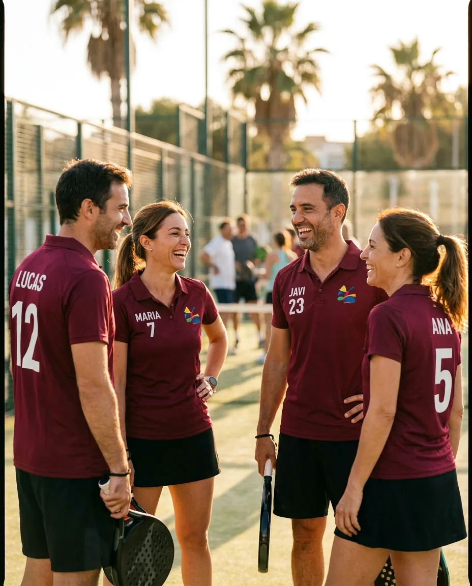 Caso real — equipo de pádel con polos DTF personalizados Equipo amateur de pádel sonriendo con polos personalizados con logo y dorsal DTF en un club deportivo