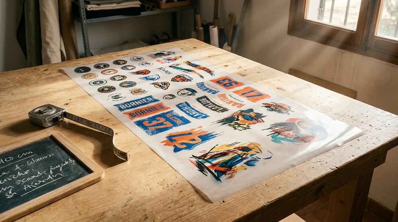 Gang sheet DTF de 57 cm impreso a todo color con múltiples diseños variados sobre mesa de taller en Cáceres