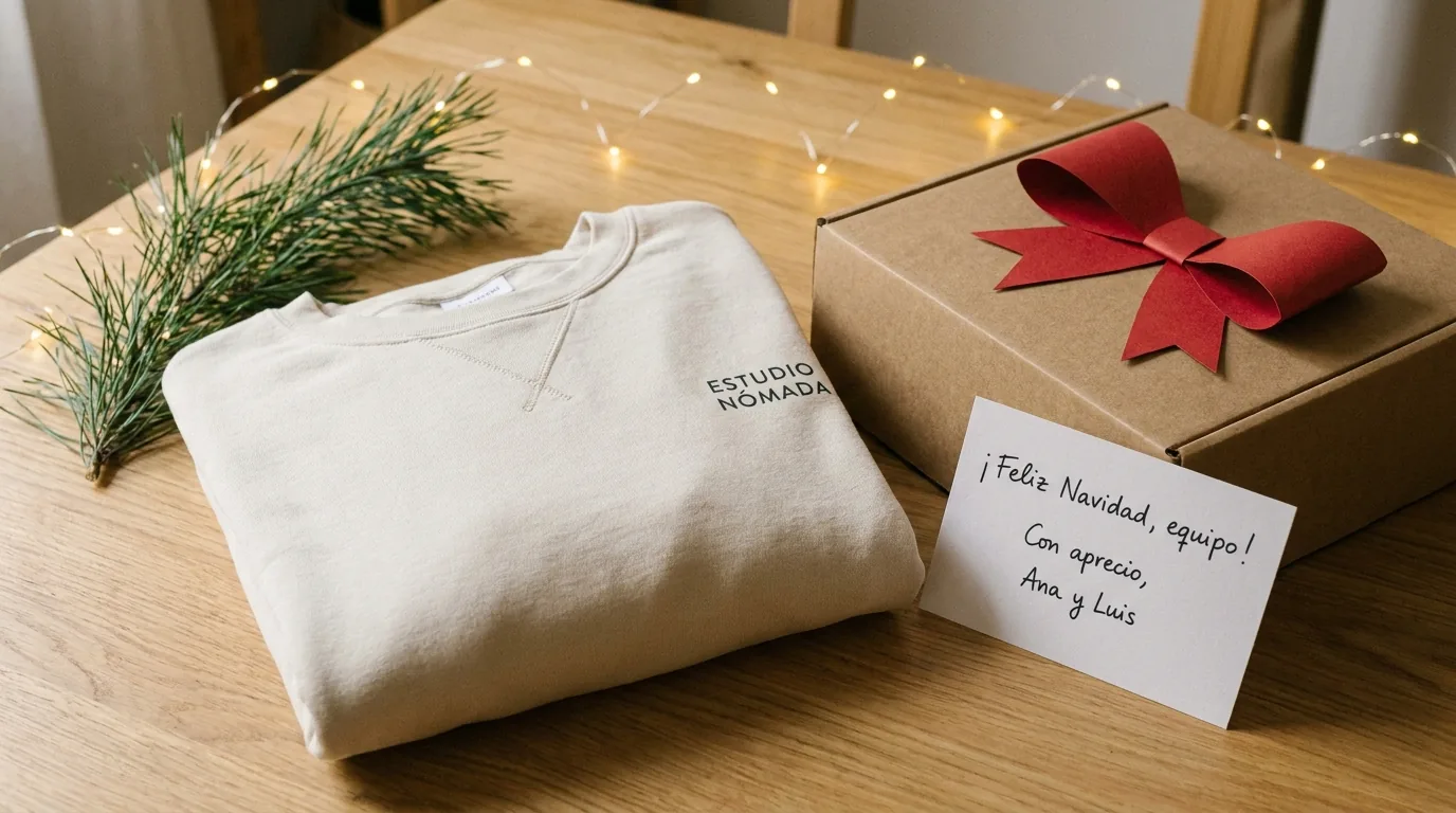 Mesa madera con regalos navidad empresa: sudadera doblada, caja kraft, tarjeta firmada, ramita pino y luces cálidas