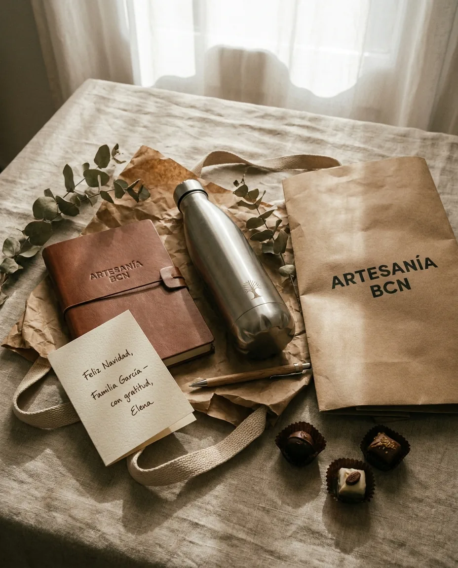 Pack premium cliente VIP desempaquetado: libreta cuero, botella térmica grabada, tarjeta manuscrita y bolsa kraft