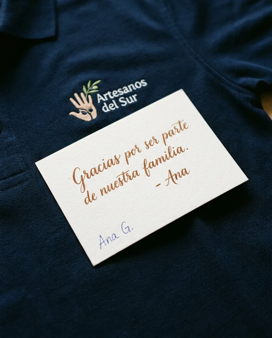Detalle de tarjeta navidad manuscrita firmada por dirección apoyada sobre polo corporativo personalizado