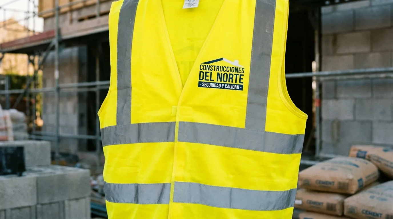 Chaleco alta visibilidad amarillo clase C2 con logo DTF en pecho izquierdo, sin cubrir bandas reflectantes, en ambiente de obra de construcción