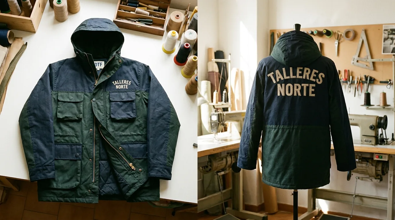 Parka invernal de trabajo con logo DTF en pecho izquierdo y nombre de empresa en espalda, en taller de personalización con buena iluminación