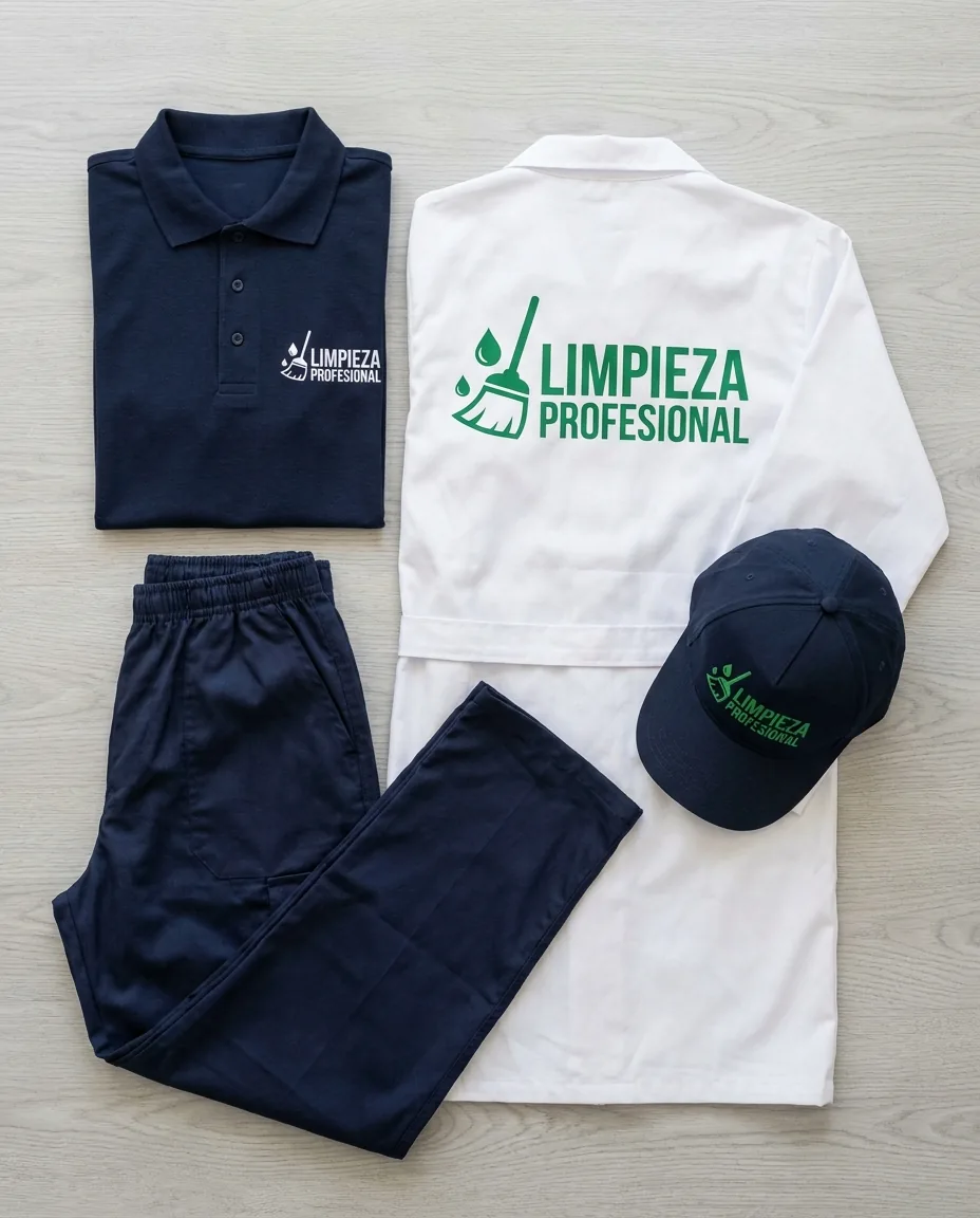 Flatlay polo bata pantalón y gorra de empresa de limpieza con logo consistente en todas las prendas