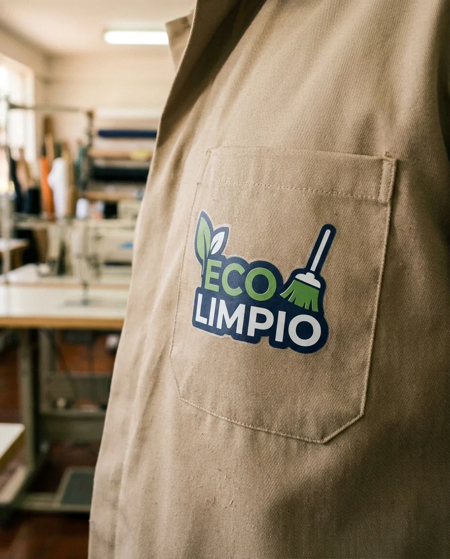 Detalle de transfer DTF con logo empresa limpieza aplicado en bata de trabajo resistente a químicos