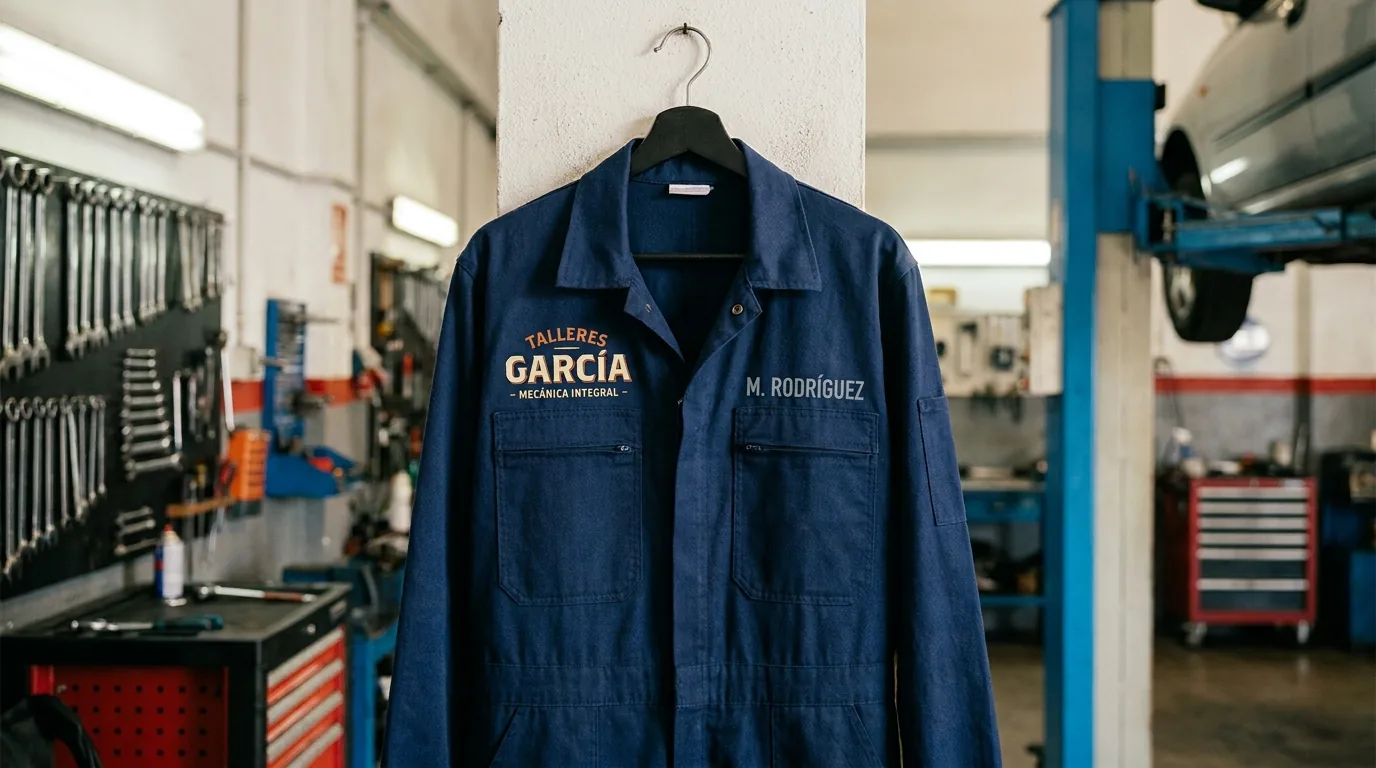 Mono mecánico azul marino con logo de taller impreso en DTF en el pecho izquierdo y nombre del empleado bordado, en entorno de taller con herramientas visibles