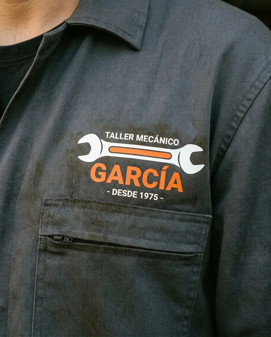 Detalle macro de transfer DTF en zona pecho de mono mecánico con rastro de grasa controlada simulada alrededor del estampado