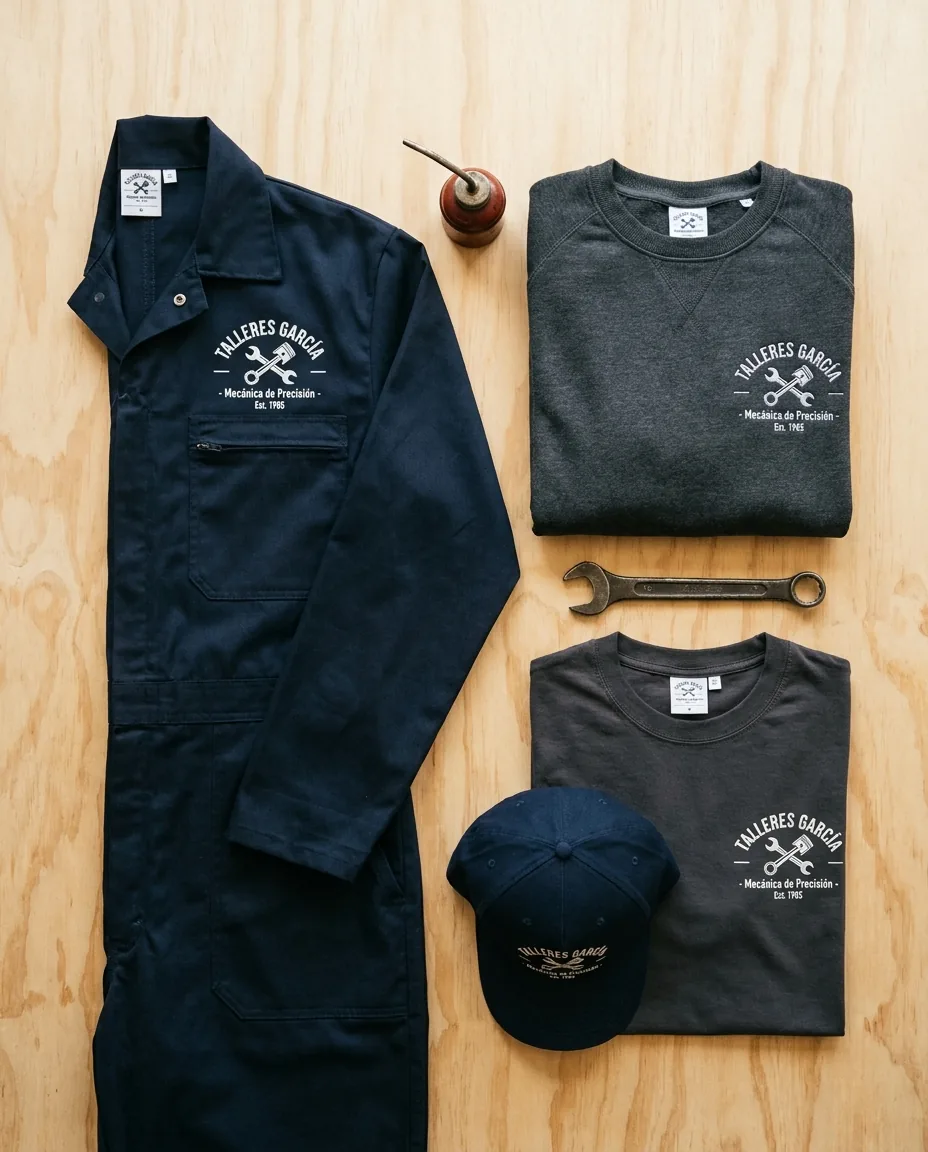 Flatlay de mono, buzo, camiseta de trabajo y gorra con logo coordinado de taller mecánico sobre superficie de taller