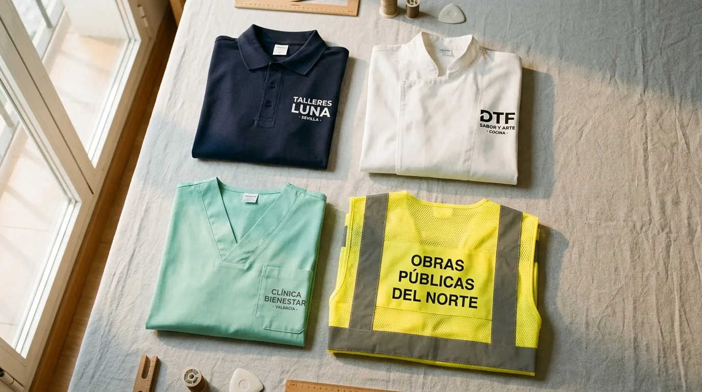 Flatlay con cuatro prendas laborales personalizadas con DTF: polo, chaqueta de cocina, casaca sanitaria y chaleco de alta visibilidad