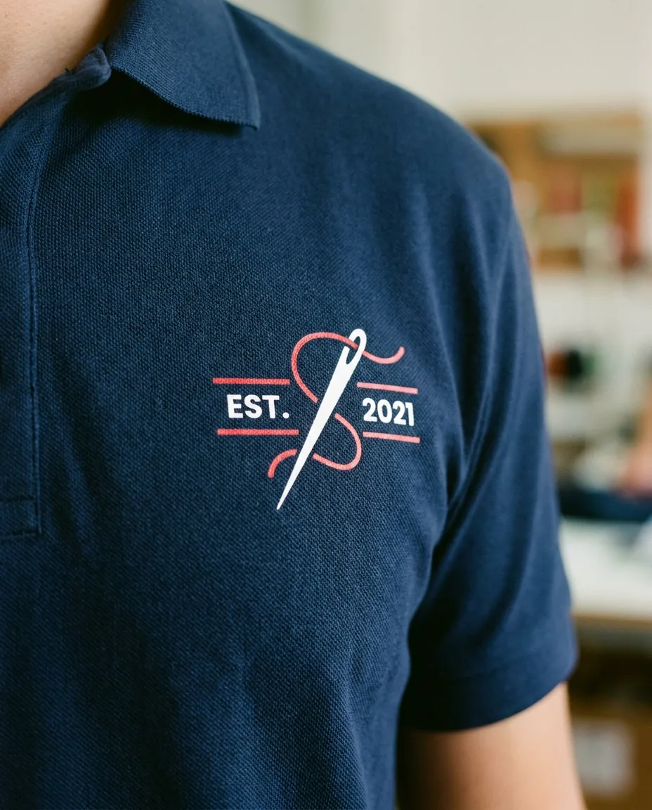 Detalle macro de transfer DTF aplicado en polo laboral con bordes nítidos y color sólido sobre tejido piqué