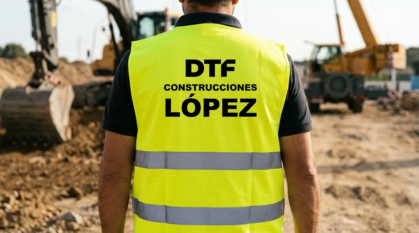 Operario con chaleco de alta visibilidad personalizado con logo empresa en espalda en entorno de obra exterior